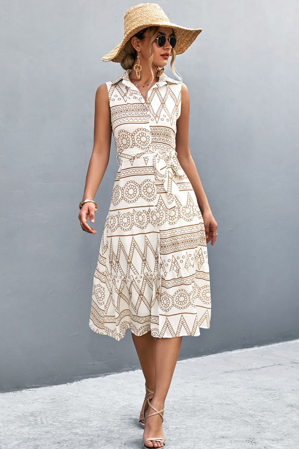 Printed Button Front Tie-Waist Sleeveless Collared Dress – Elegant