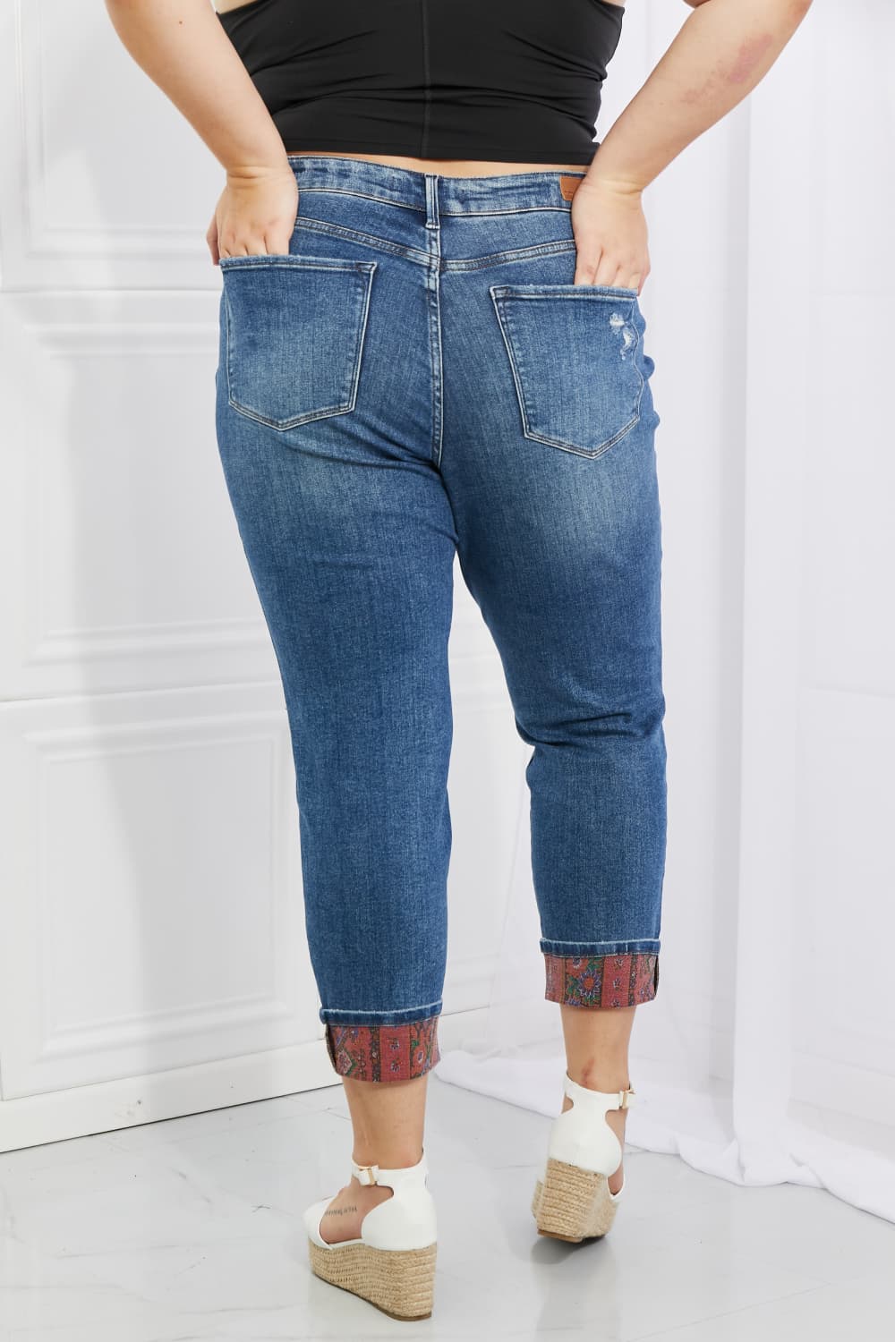Gina Full Size Mid Rise Paisley Patch Cuff Boyfriend Jeans