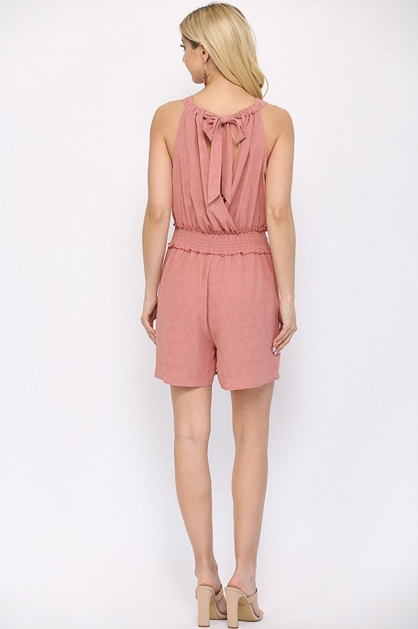 Textured Woven And Smocking Waist Romper With Back Open And Tie in Rose