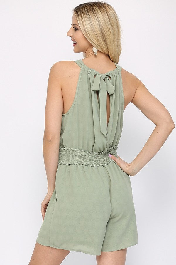 Textured Woven And Smocking Waist Romper With Back Open And Tie in Sage