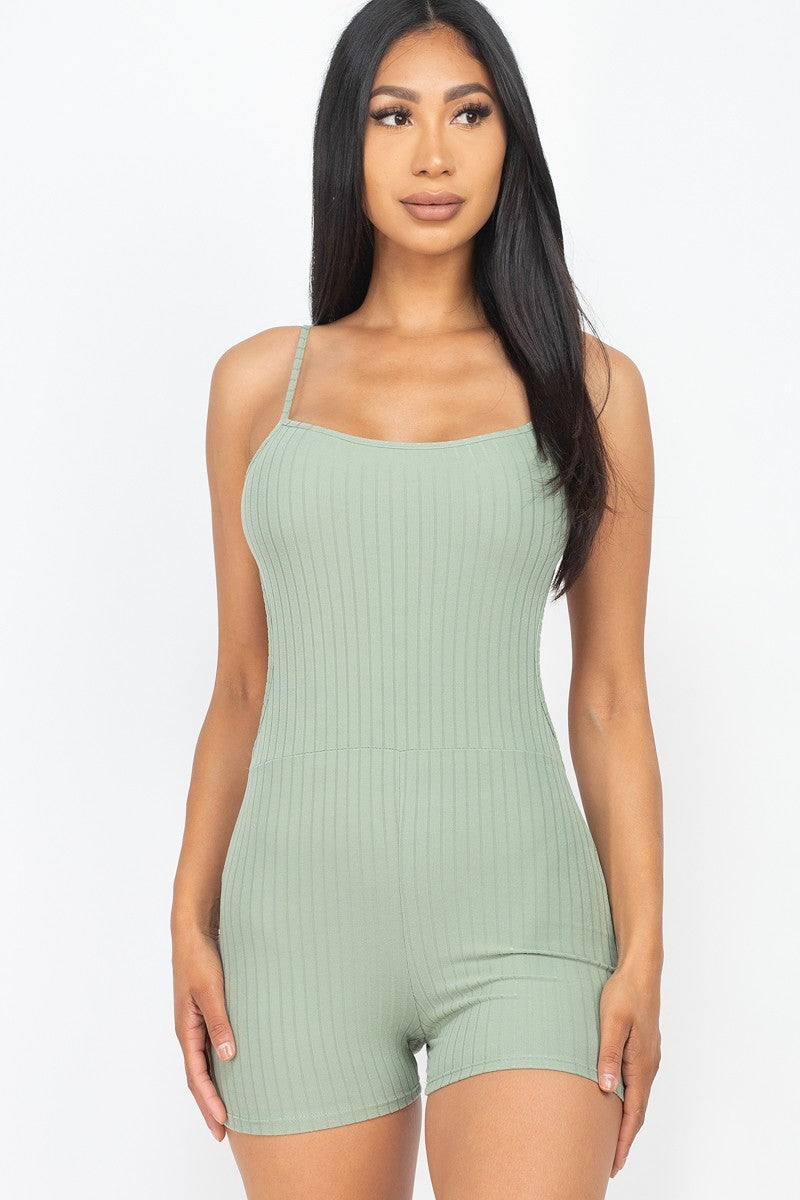 Ribbed Sleeveless Back Cutout Bodycon Active Romper in Green Bay