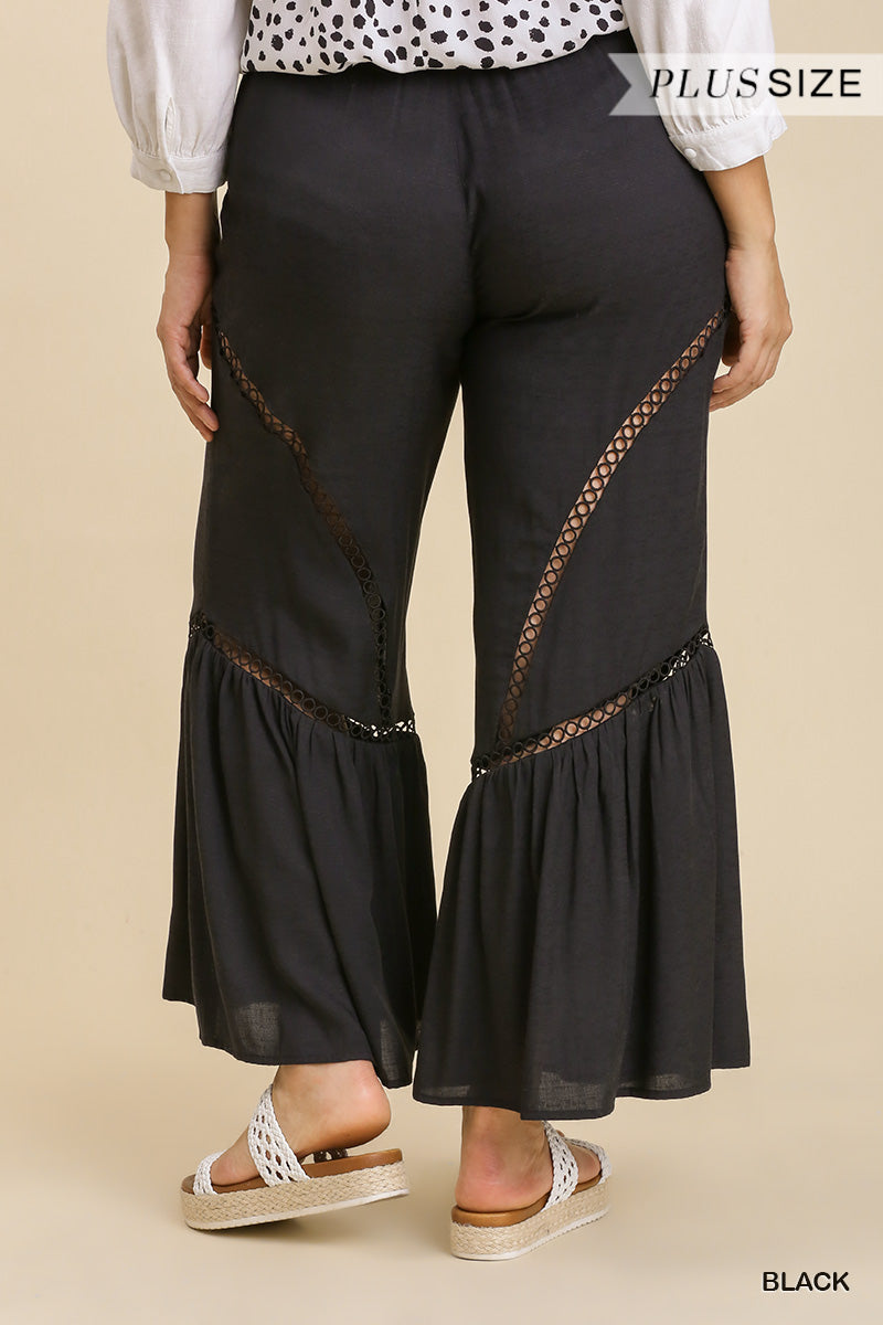 Wide Leg Elastic Waist Lace Tape Pants in Black