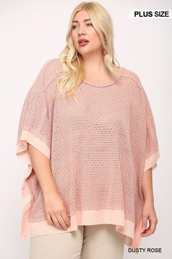 Light Knit And Woven Mixed Boxy Top With Poncho Sleeve Dusty Rose