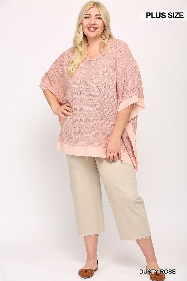 Light Knit And Woven Mixed Boxy Top With Poncho Sleeve Dusty Rose