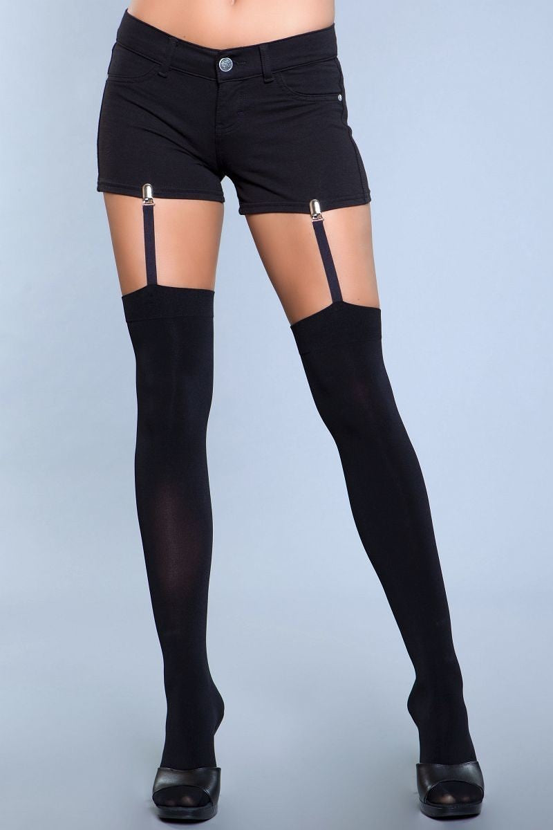 Leg Avenue Women's Opaque Thigh High Stockings with Garter Straps, One  Size, Black 