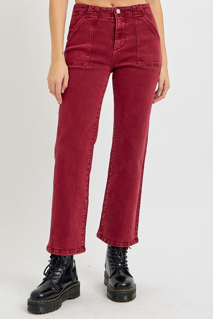 Full Size High Rise Straight Jeans with Patch Pockets