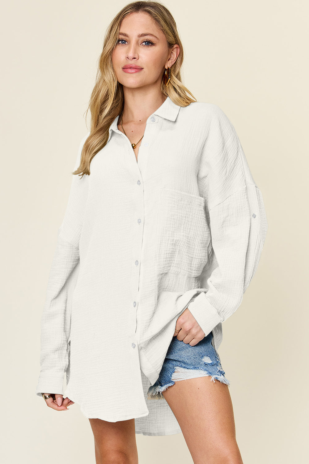 Double Take Full Size Pocketed Texture Button Up Shirt