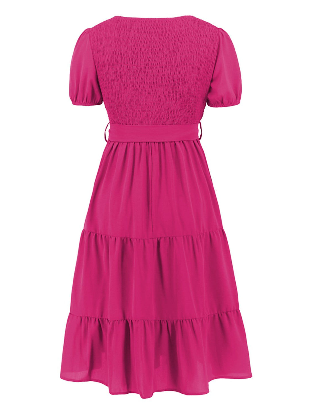 Smocked Tie Front Short Sleeve Tiered Dress