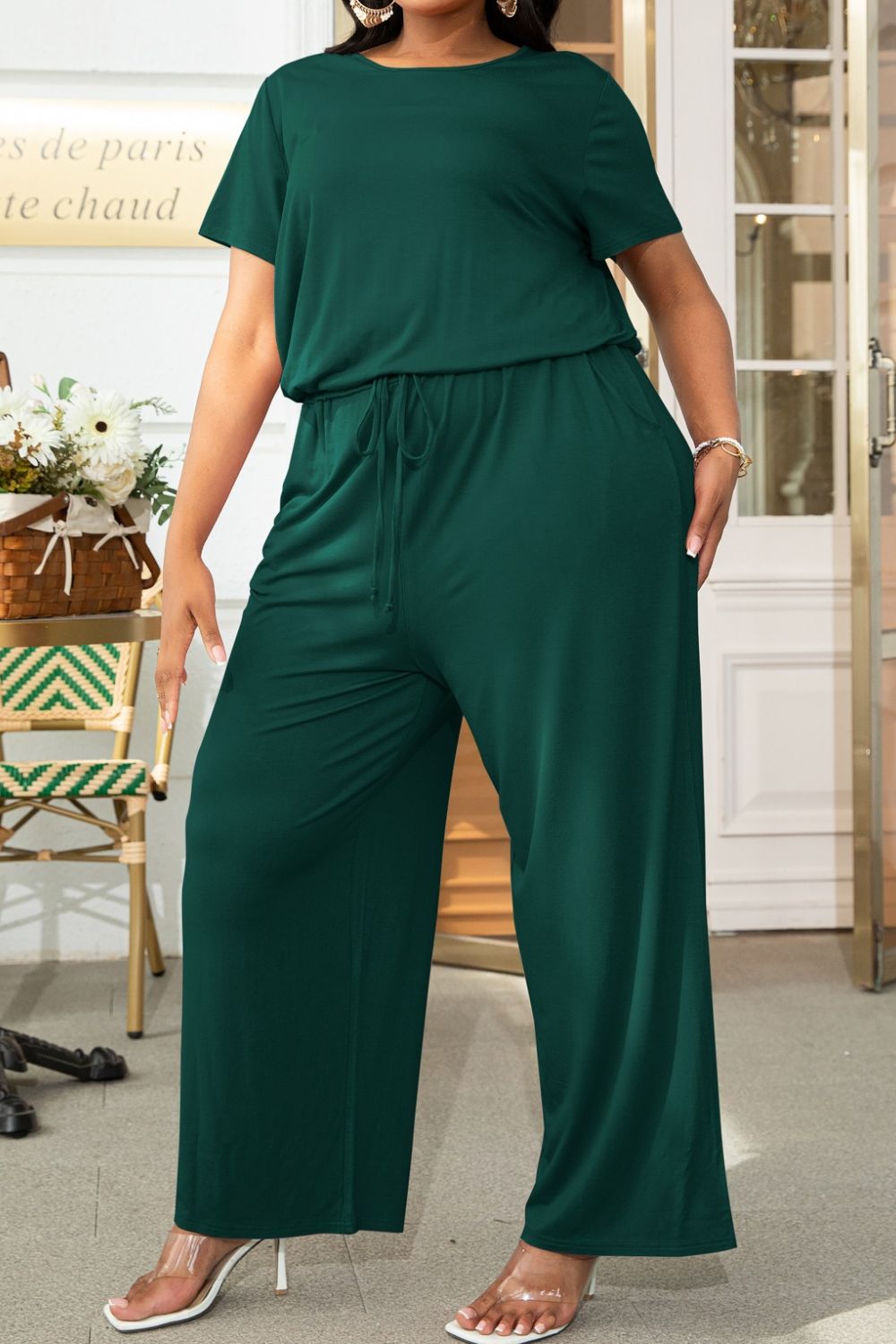 Plus Size Drawstring Waist Short Sleeve Jumpsuit – Elegant Lioness