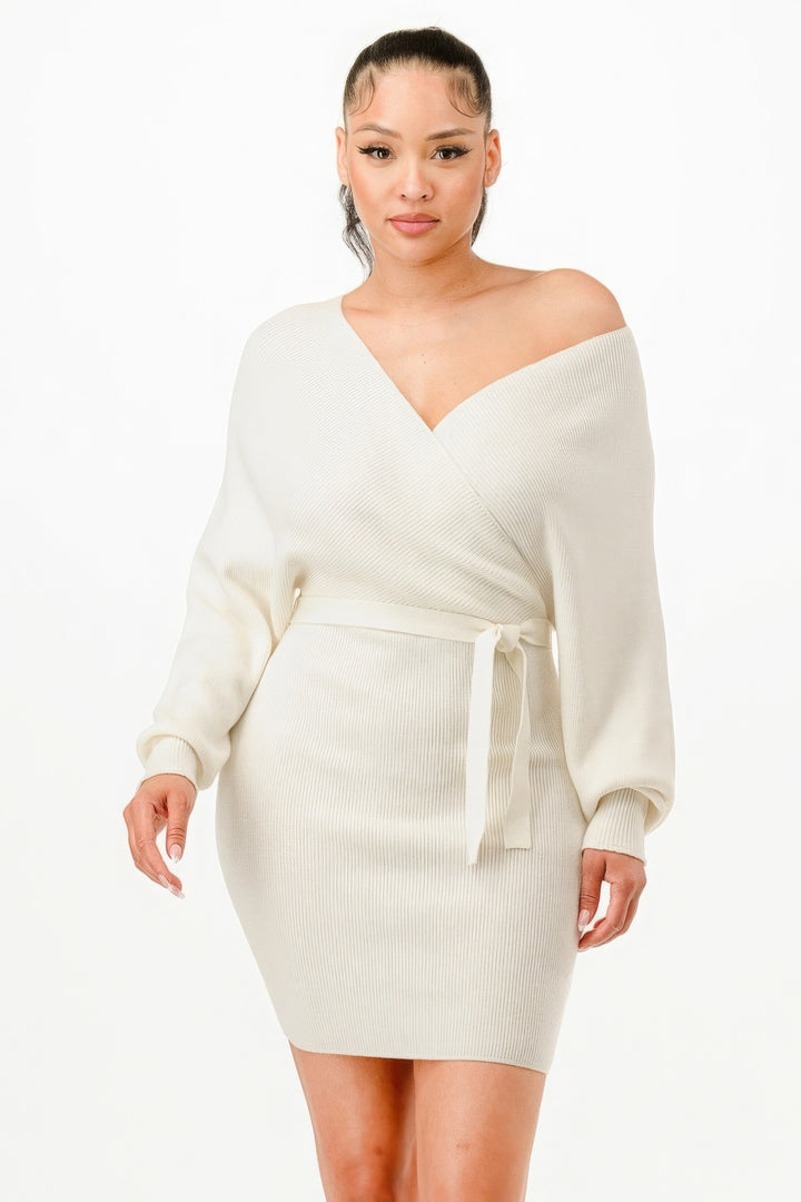 Off Shoulder Wrap Belted Ribbed Sweater Dress | Chic Comfort and Effortless Elegance