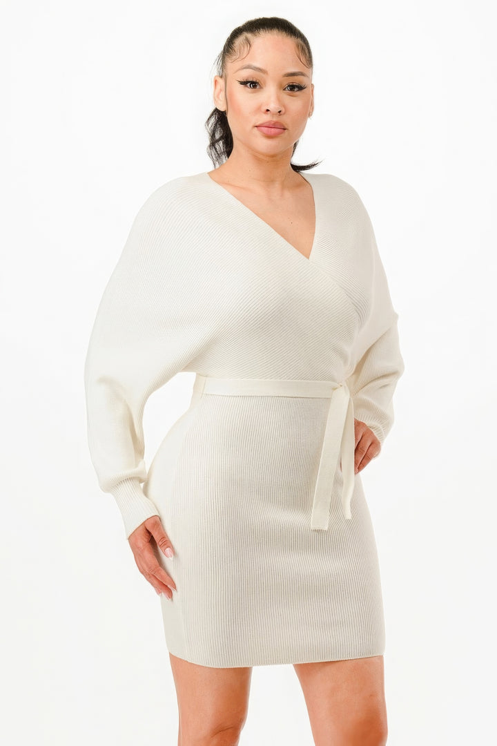 Off Shoulder Wrap Belted Ribbed Sweater Dress | Chic Comfort and Effortless Elegance