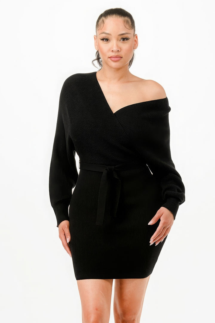 Off Shoulder Wrap Belted Ribbed Sweater Dress | Chic Comfort and Effortless Elegance