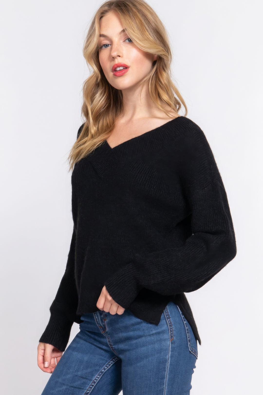 Active USA | Long Sleeve Double V-Neck Sweater