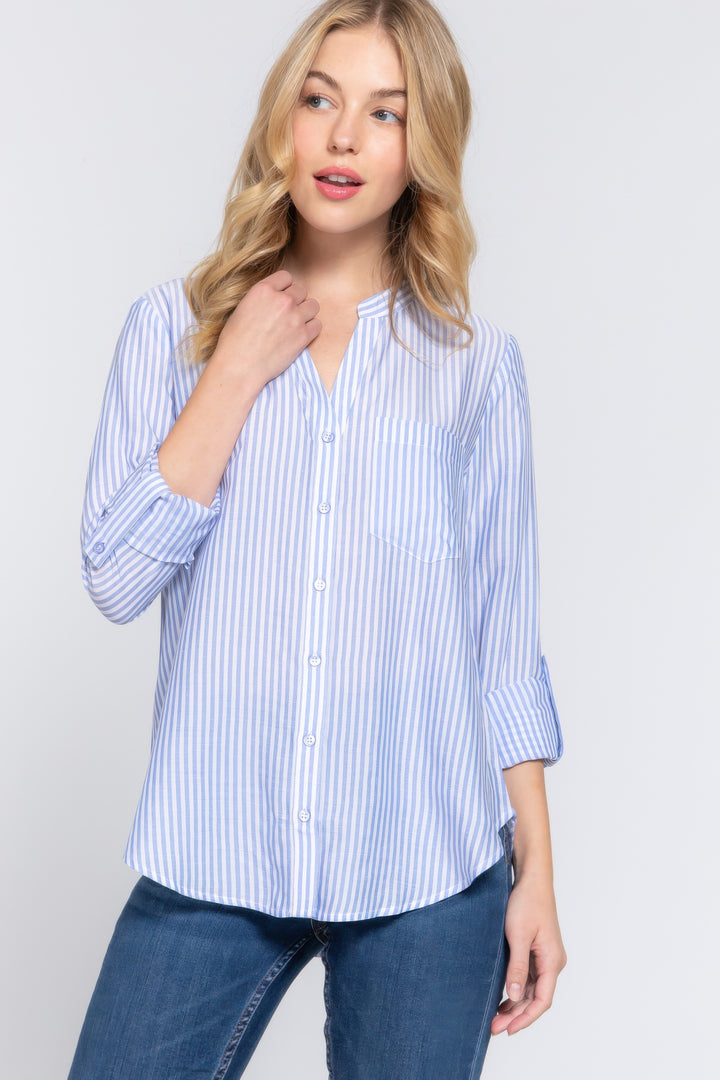 Long Sleeve Split Round Neck Stripe Woven Shirt