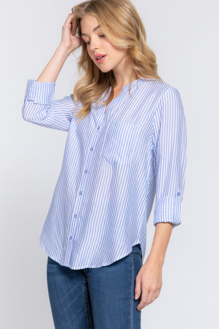 Long Sleeve Split Round Neck Stripe Woven Shirt