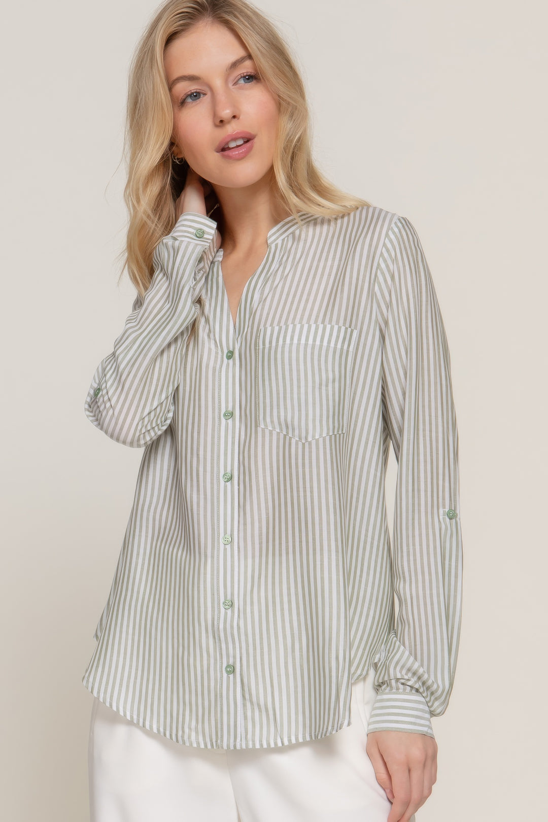 Long Sleeve Split Round Neck Stripe Woven Shirt