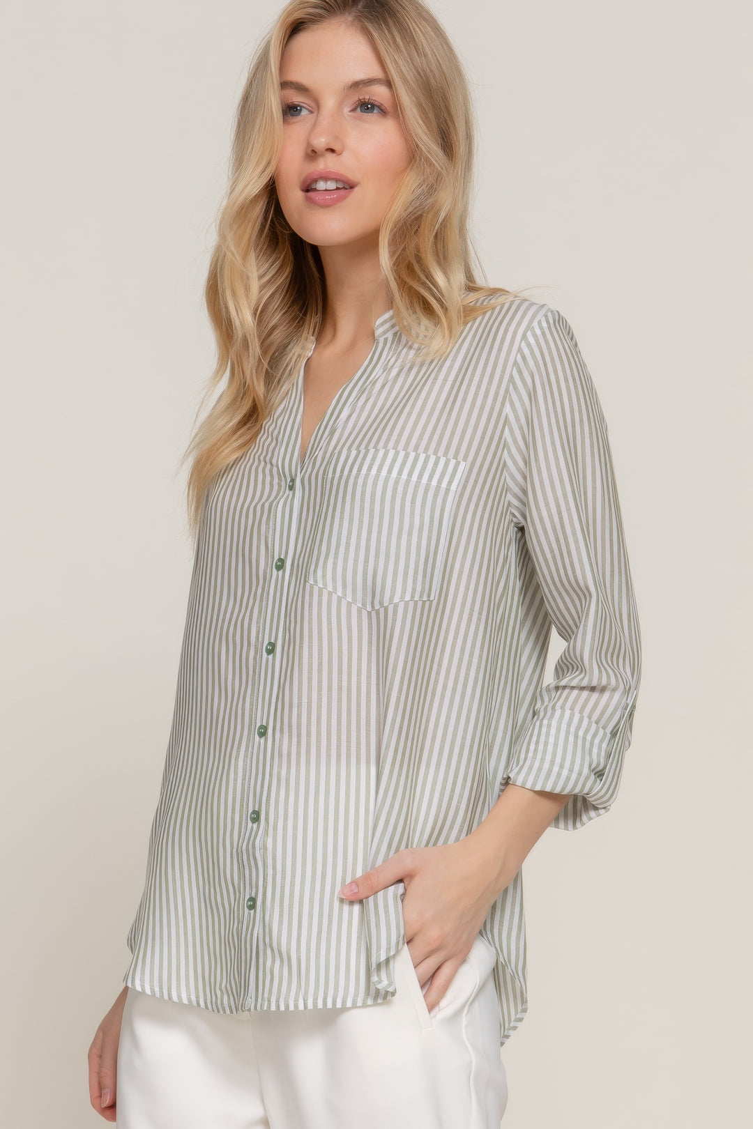 Long Sleeve Split Round Neck Stripe Woven Shirt