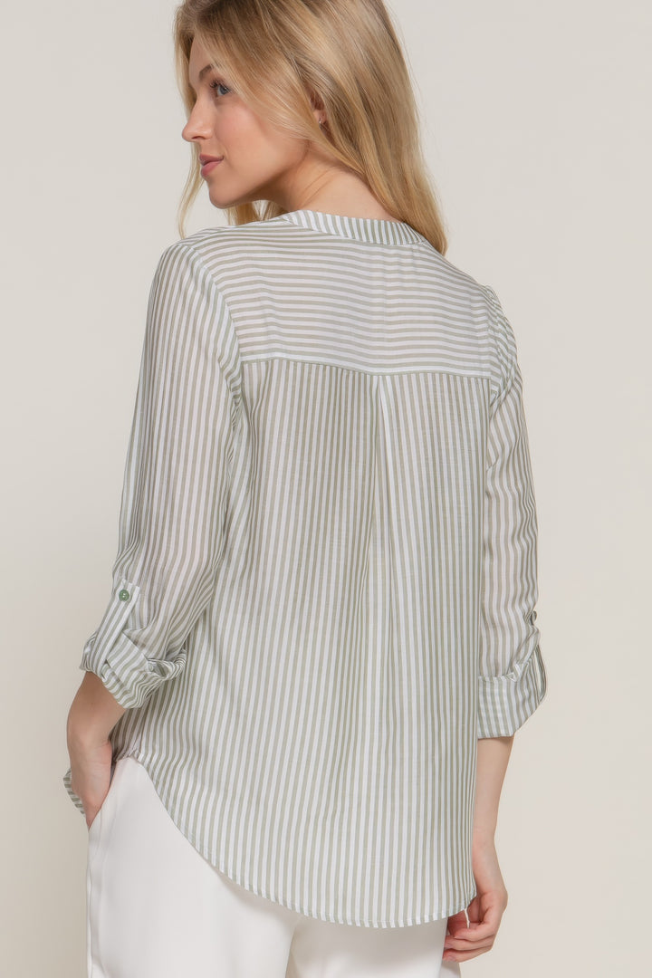 Long Sleeve Split Round Neck Stripe Woven Shirt