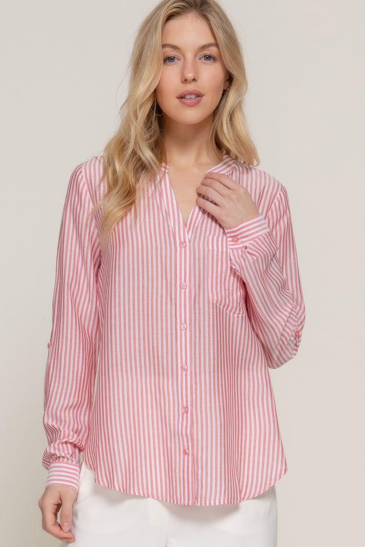 Long Sleeve Split Round Neck Stripe Woven Shirt