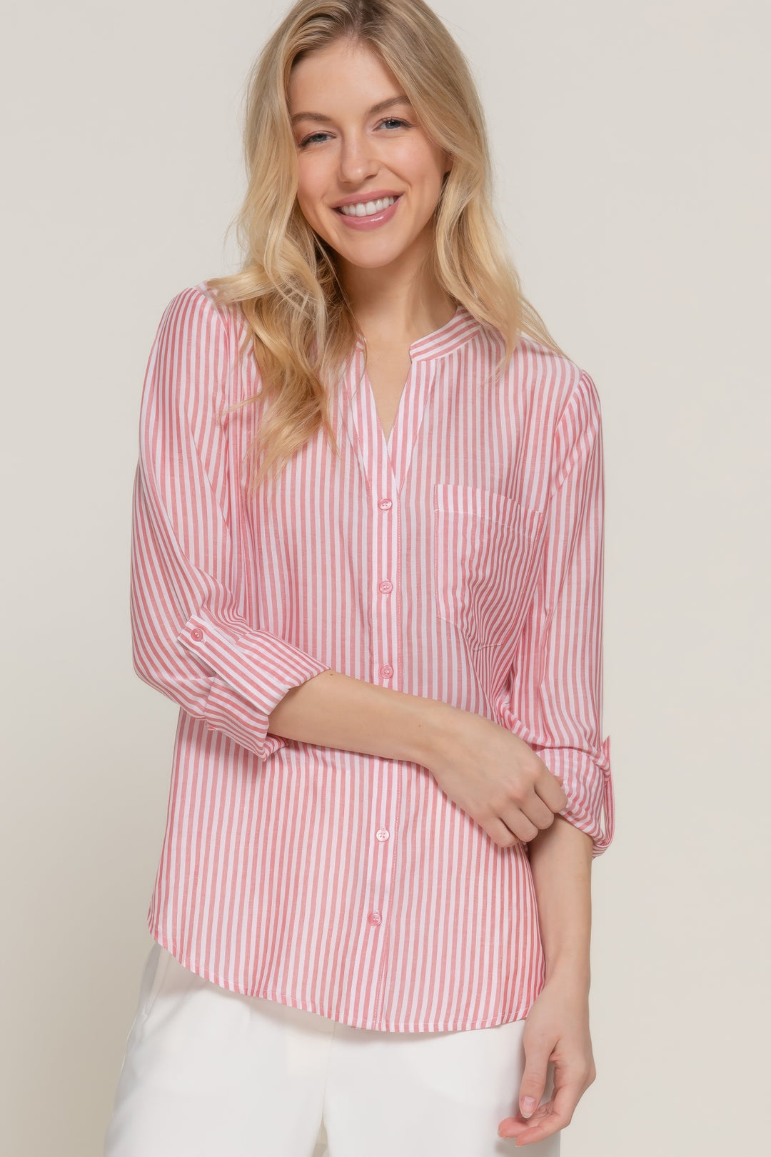 Long Sleeve Split Round Neck Stripe Woven Shirt