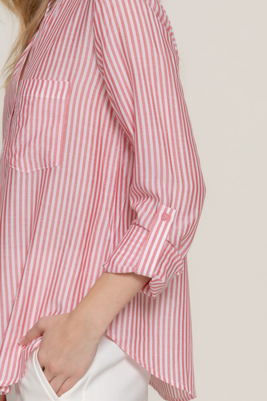 Long Sleeve Split Round Neck Stripe Woven Shirt