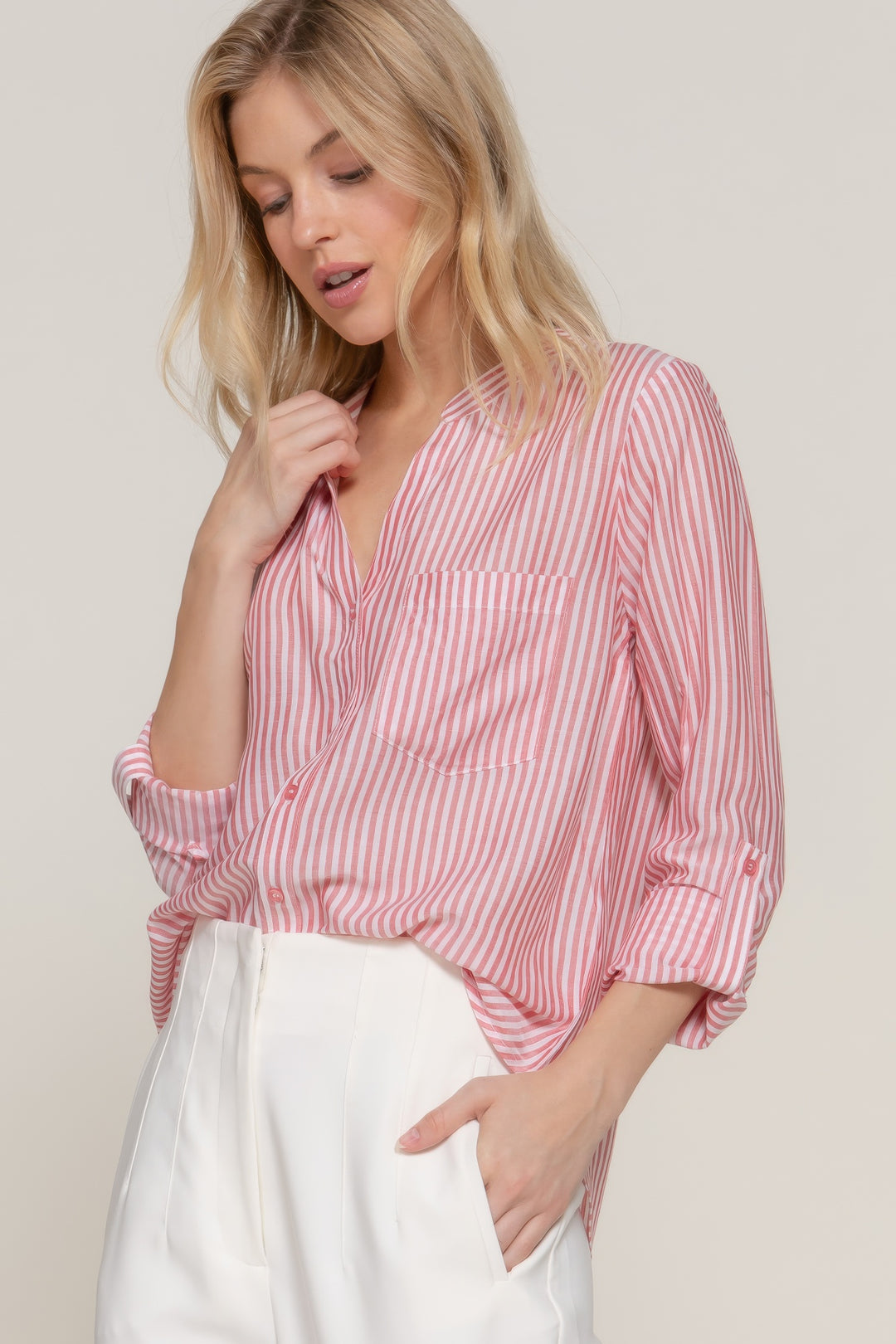 Long Sleeve Split Round Neck Stripe Woven Shirt