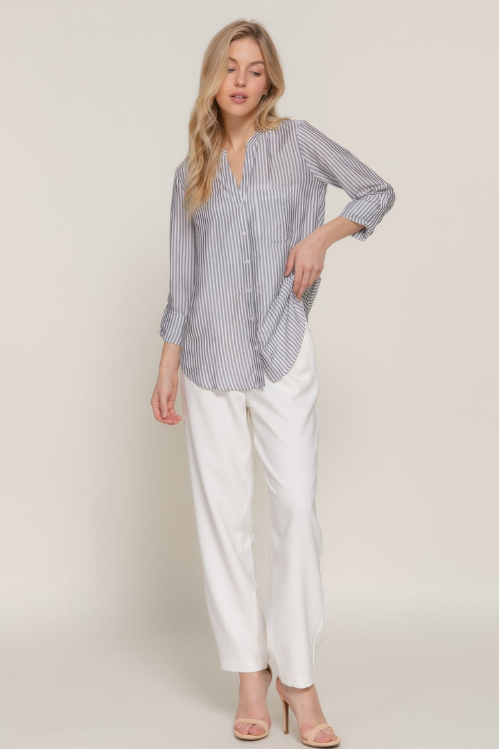 Long Sleeve Split Round Neck Stripe Woven Shirt