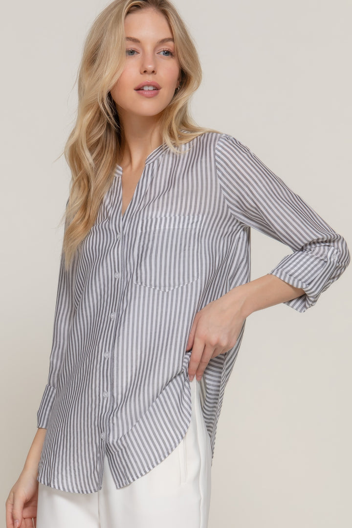 Long Sleeve Split Round Neck Stripe Woven Shirt