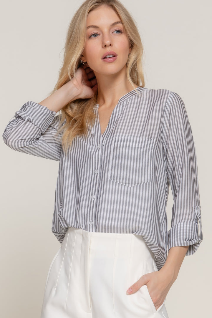 Long Sleeve Split Round Neck Stripe Woven Shirt