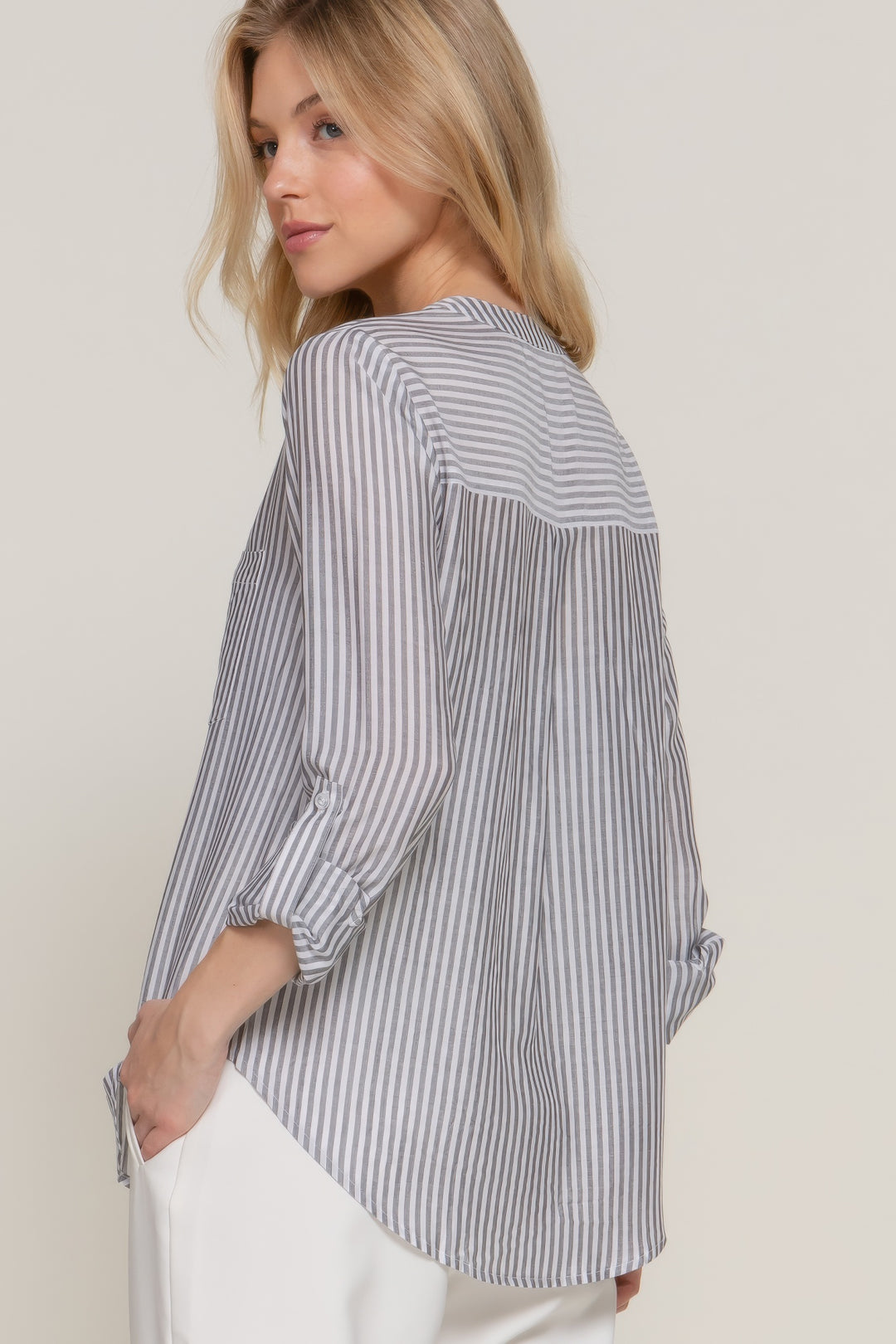 Long Sleeve Split Round Neck Stripe Woven Shirt