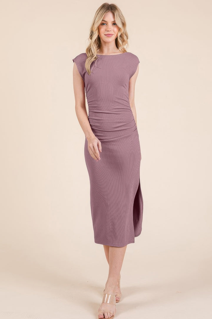 Cap Sleeve Boatneck Open Back Midi Dress