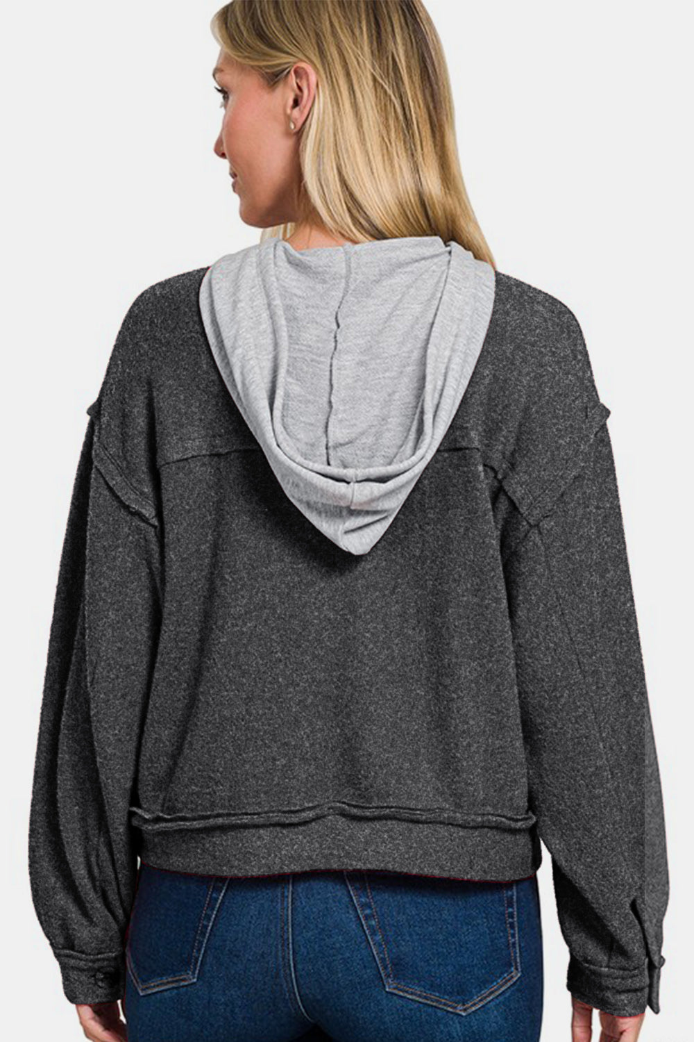 Zenana | Brushed Hacci Button Down Drawstring Hooded Shacket