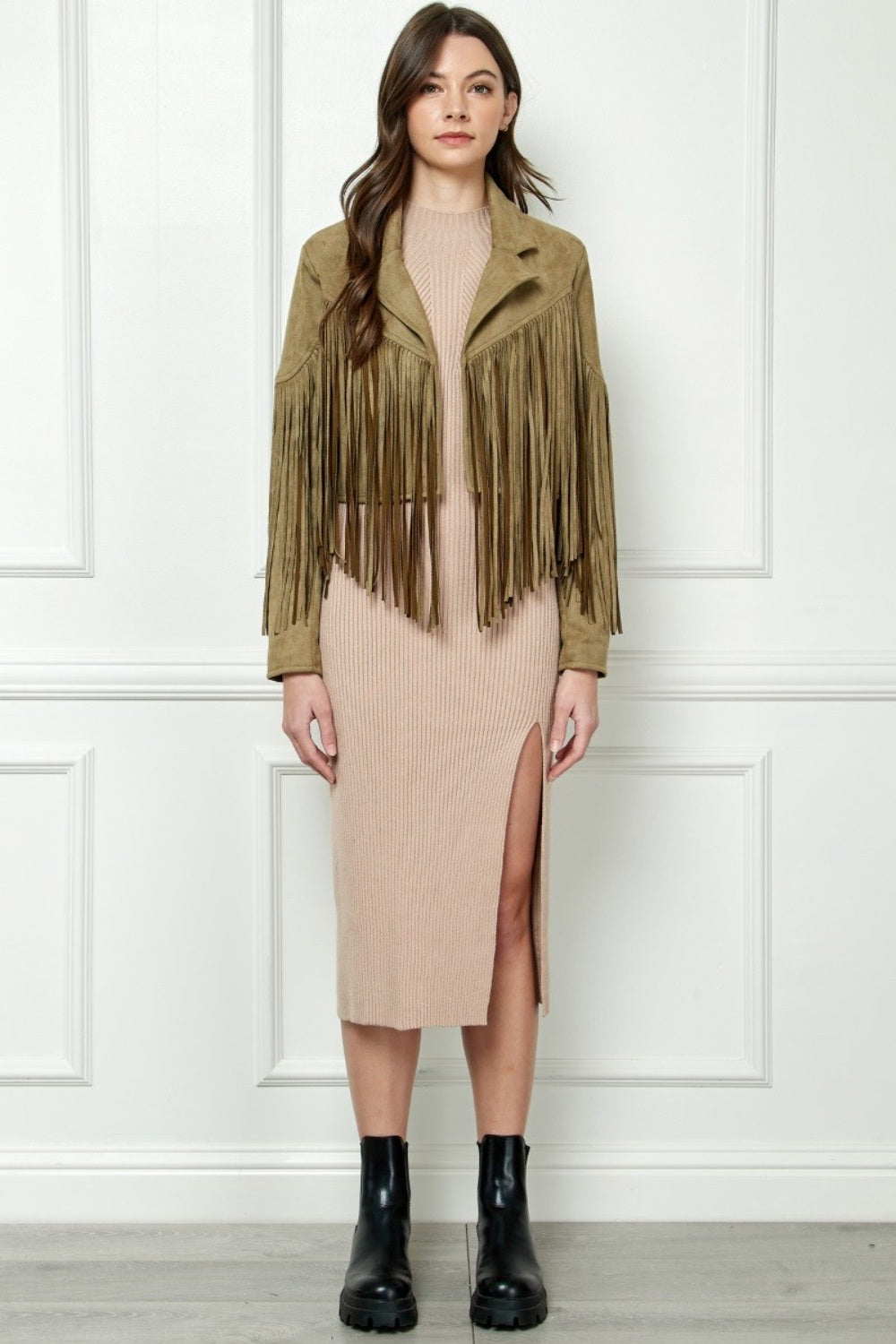 Veveret Suede Fringe Long Sleeve Moto Jacket