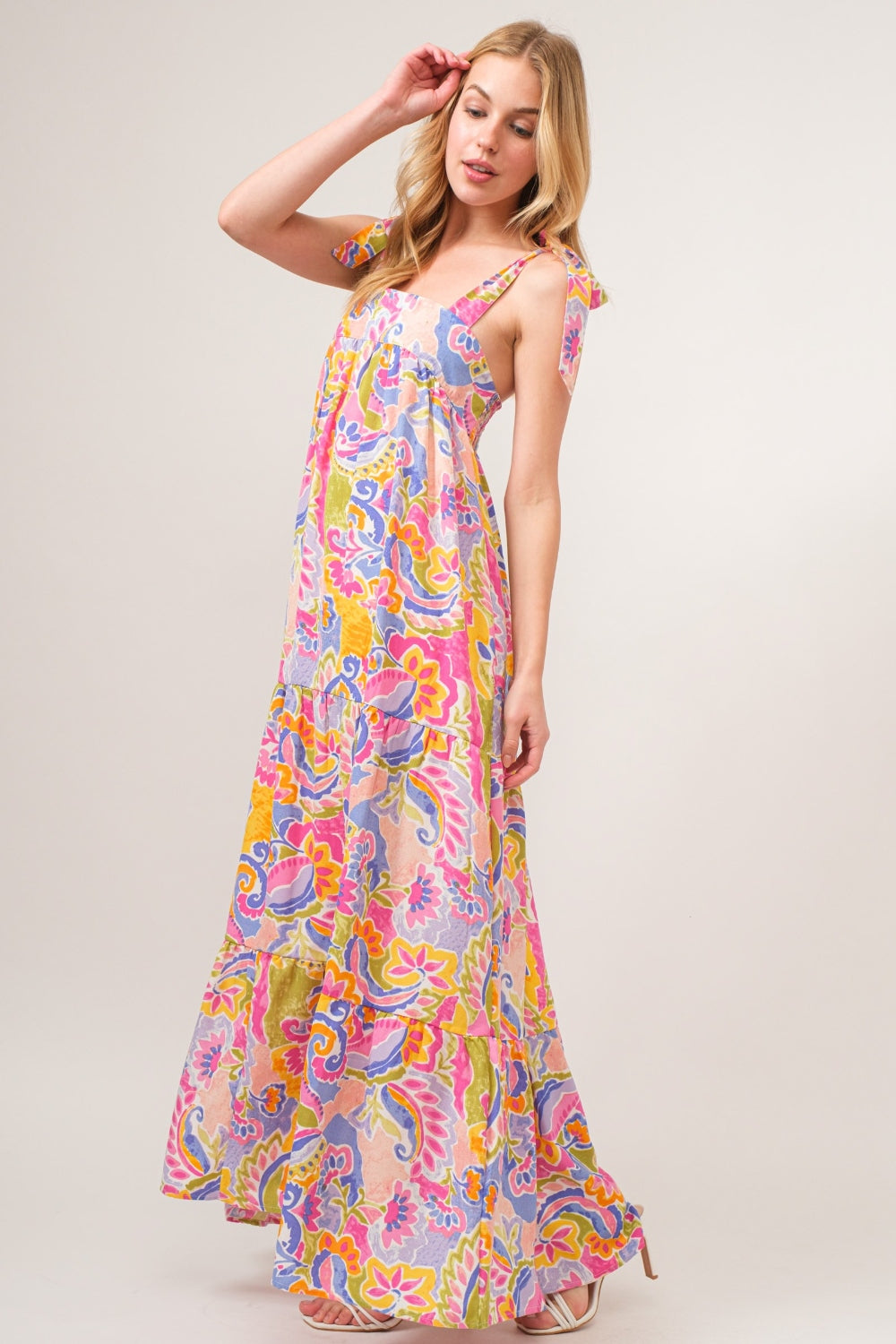 Full Size Printed Tie Shoulder Tiered Maxi Dress