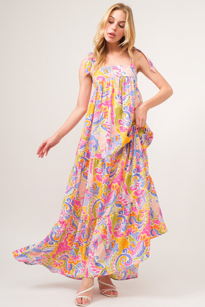 Full Size Printed Tie Shoulder Tiered Maxi Dress