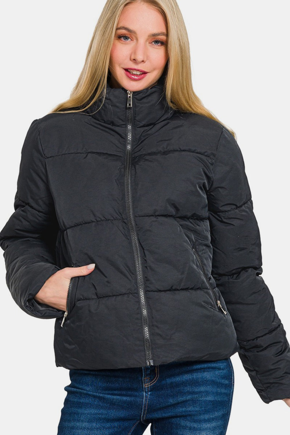 Zenana | Zip Up Turtleneck Puffer Jacket with Pockets