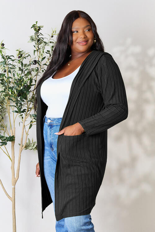 Full Size Ribbed Open Front Long Sleeve Cardigan