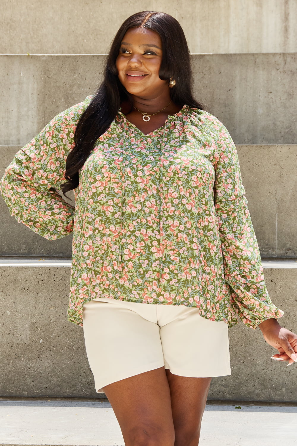 She's Blossoming Full Size Balloon Sleeve Floral Blouse