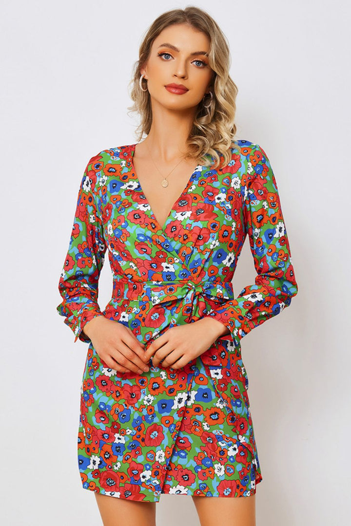 Floral Tied Long Sleeve Plunge Dress