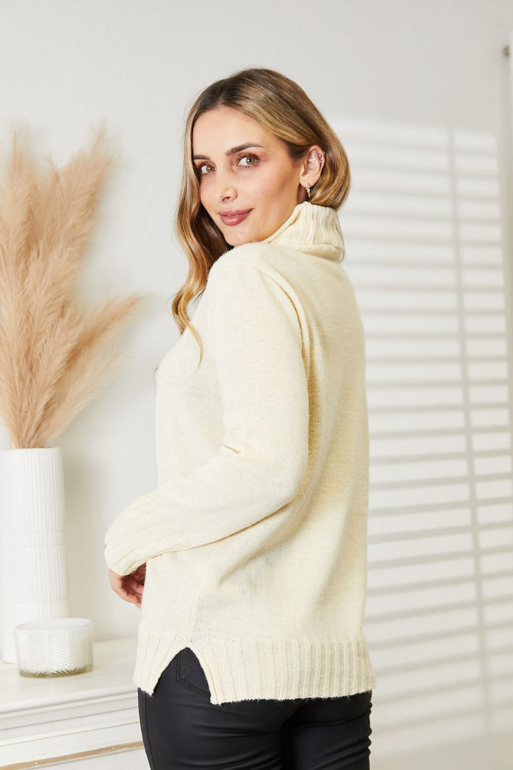 Full Size Long Sleeve Turtleneck Sweater with Side Slit