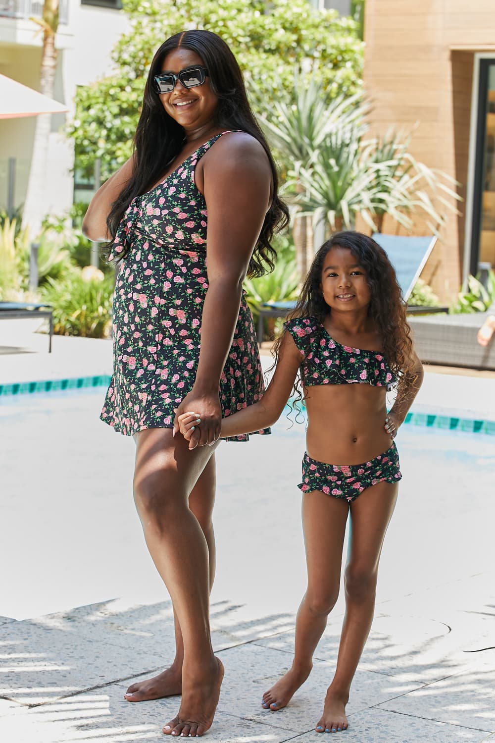 Full Size Clear Waters Swim Dress in Black Roses