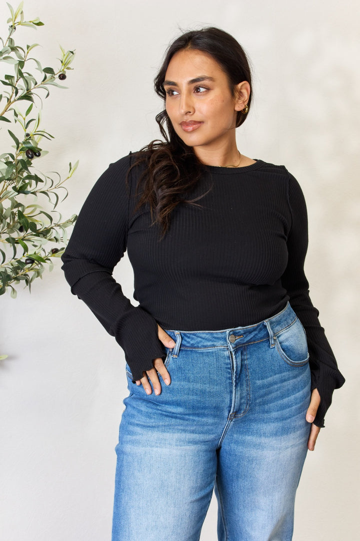 Full Size Ribbed Round Neck Long Sleeve Top