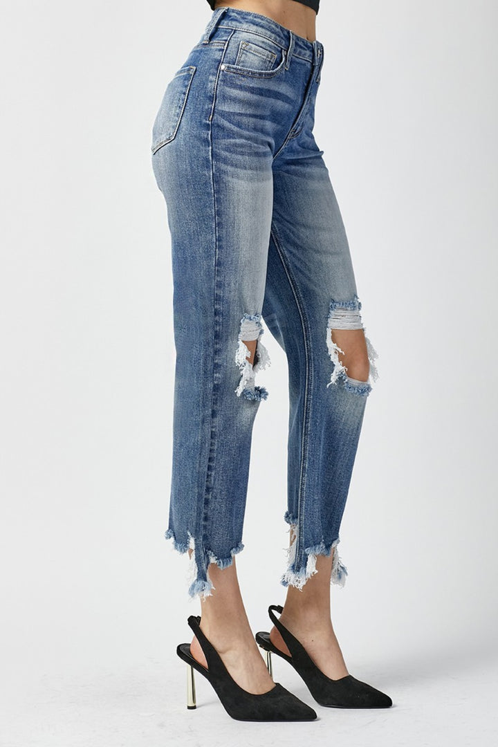 High Waist Distressed Frayed Hem Cropped Straight Jeans