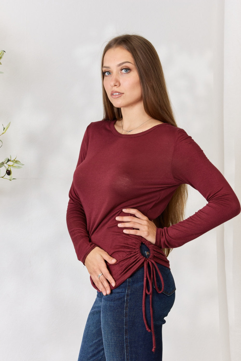 Full Size Drawstring Round Neck Long Sleeve Top