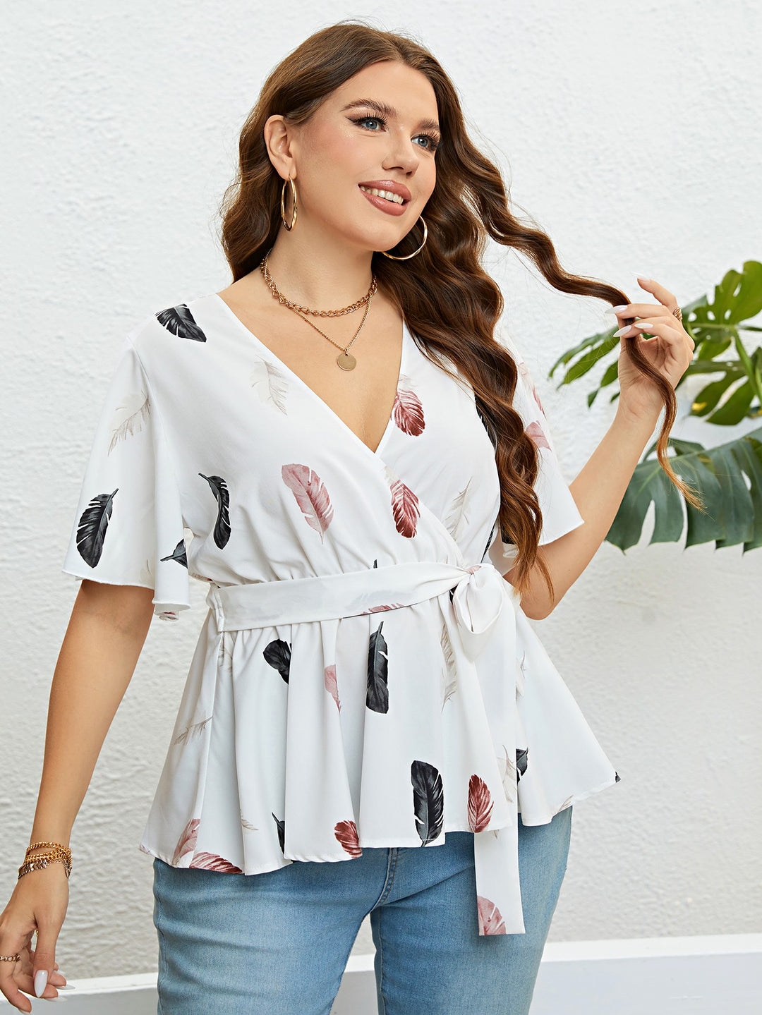 Feather Print Tied Flutter Sleeve Blouse