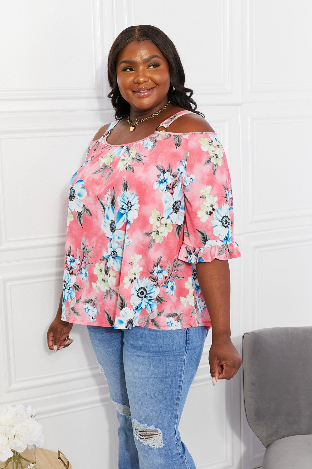 Full Size Fresh Take  Floral Cold-Shoulder Top