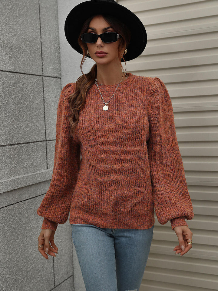 Heathered Long Lantern Sleeve Rib-Knit Sweater