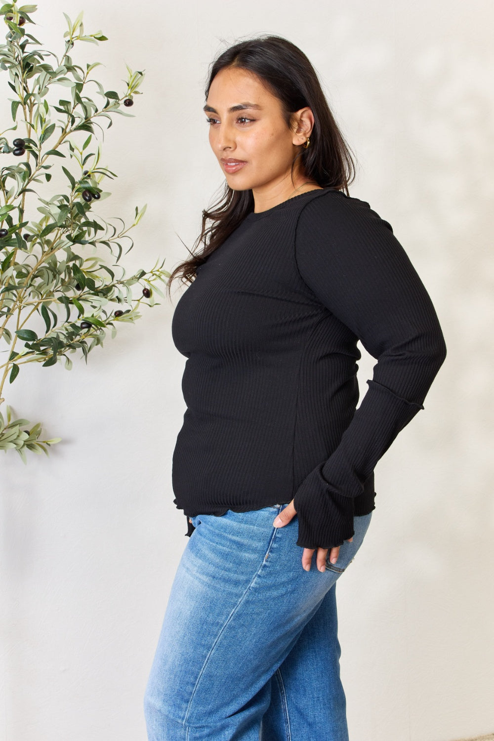 Full Size Ribbed Round Neck Long Sleeve Top