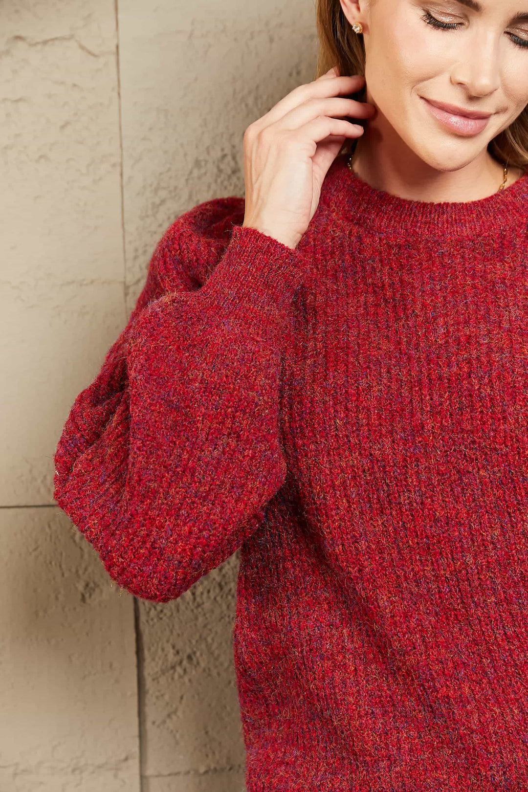 Heathered Long Lantern Sleeve Rib-Knit Sweater