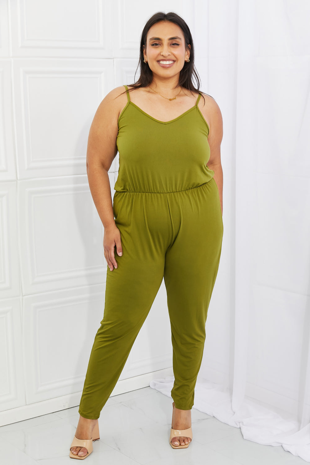 Comfy Casual Full Size Solid Elastic Waistband Jumpsuit in Chartreuse